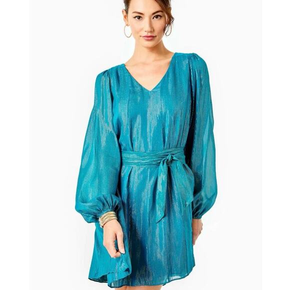 LILLY PULITZER KALIANNA DRESS VALENCIA TEAL/METALLIC SZ S FLOWY SOPHISTICATED - Picture 4 of 16